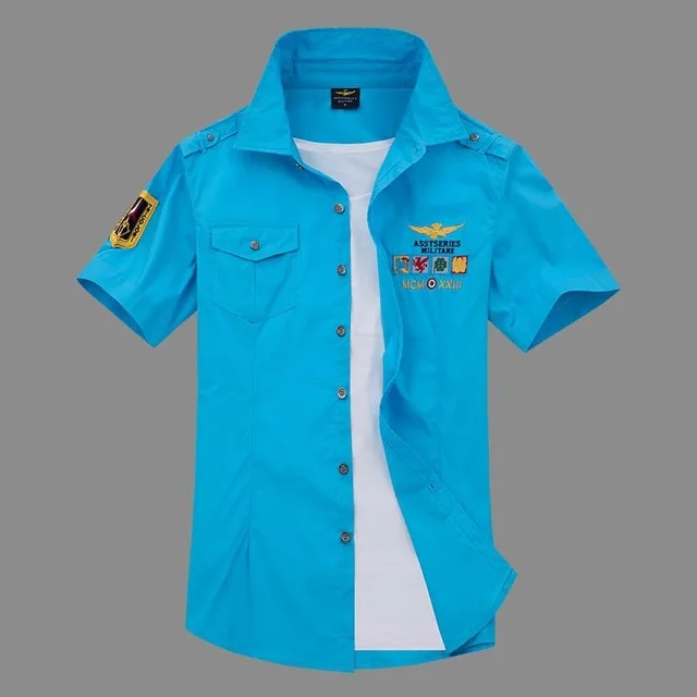 1806 sky Blue Новые военные мужские рубашки с коротким рукавом 4XL мужские рубашки с вышивкой из хлопка с воздушной силой Polit Повседневная рубашка мужская брендовая одежда рубашка AE18006 - Цвет: 1806 sky Blue