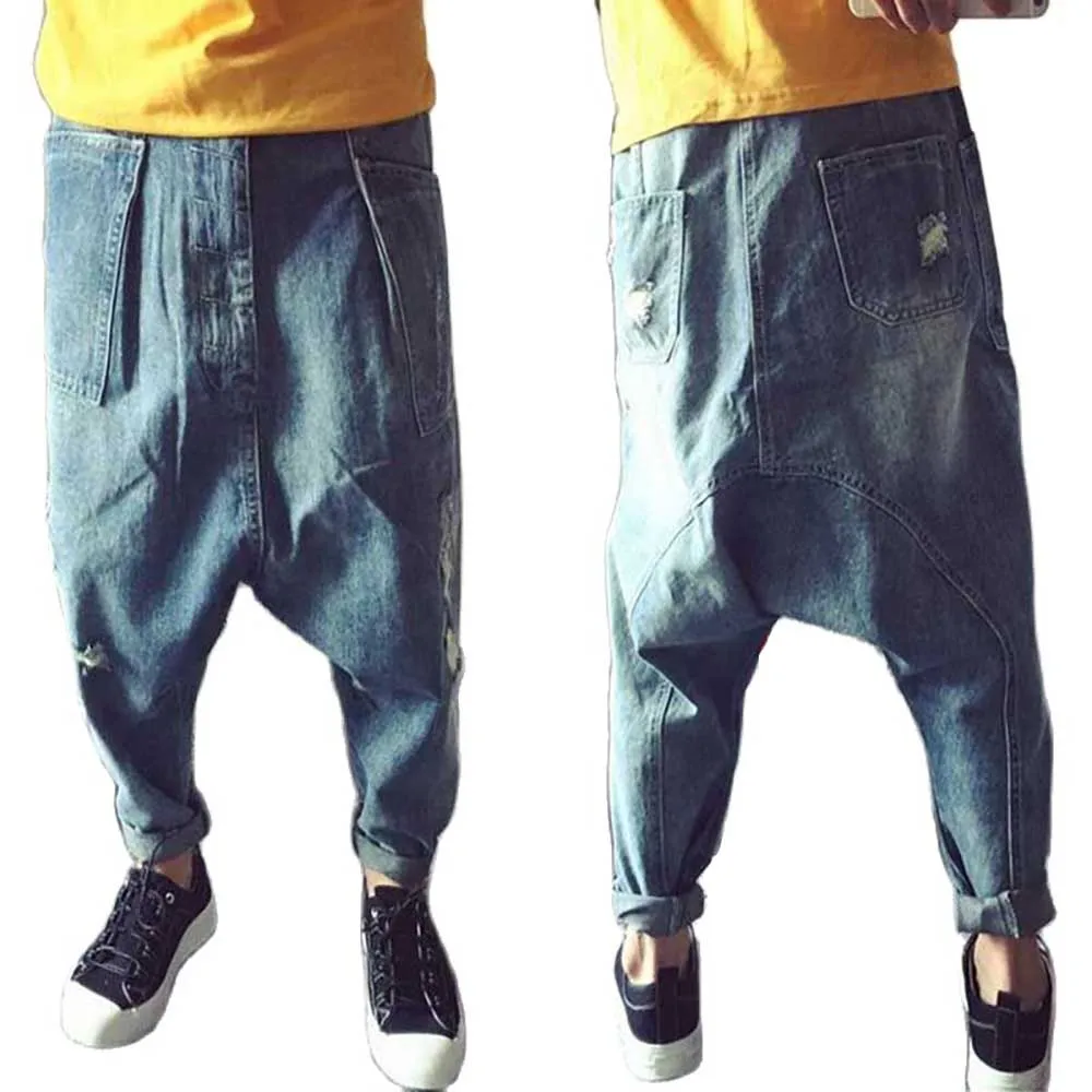 Hip Hop Blue Jeans Men Streetwear Harem Pants Wear Baggy Jeans Men