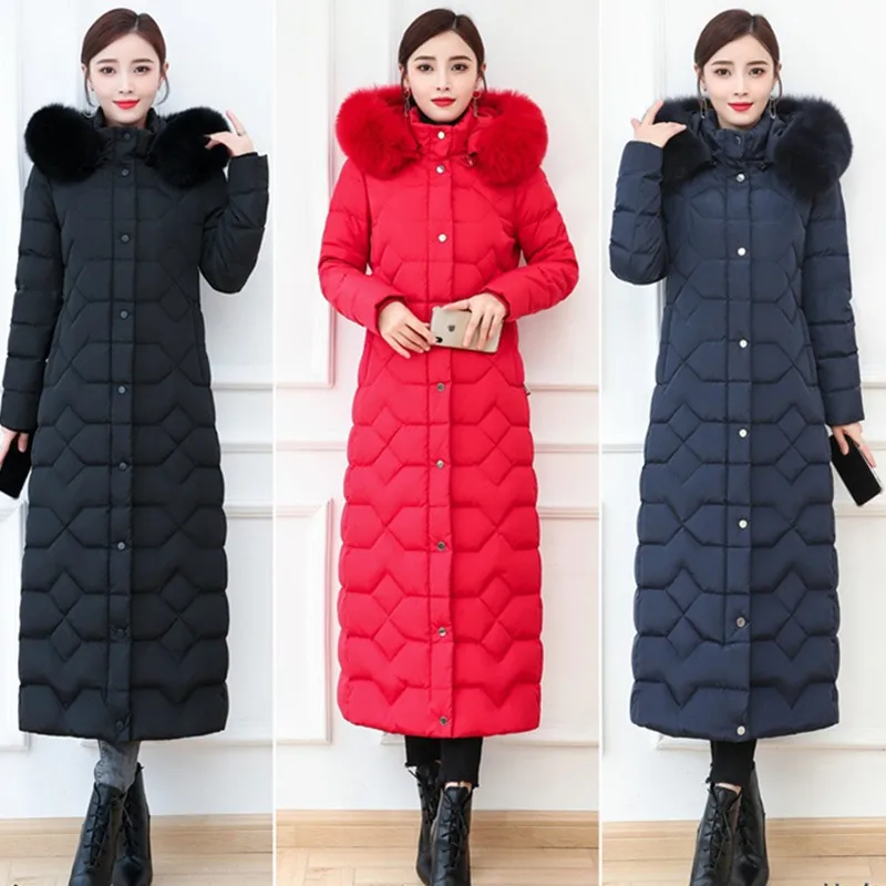 

Plus size Women Parka Winter Coat 2019 Fashion Slim Fox fur collar Down Jacket Overcoat Warm Mother Hooded Black X-Long Parkas