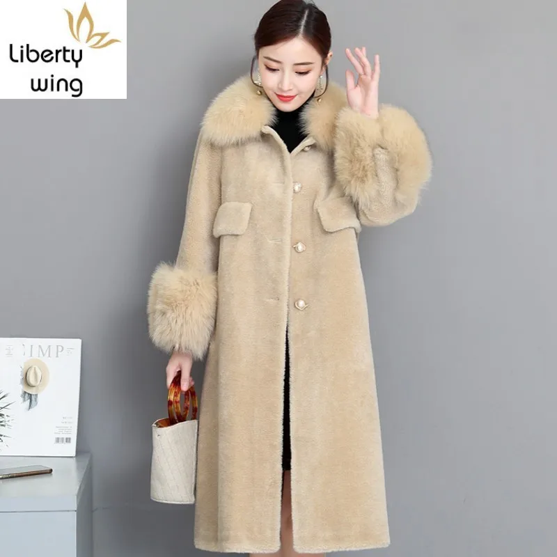 

Elegant Sheep Shearing Fur Womens Medium Length Overcoats Faux Fox Collar Single Breasted Winter Warm Coats Plus Size