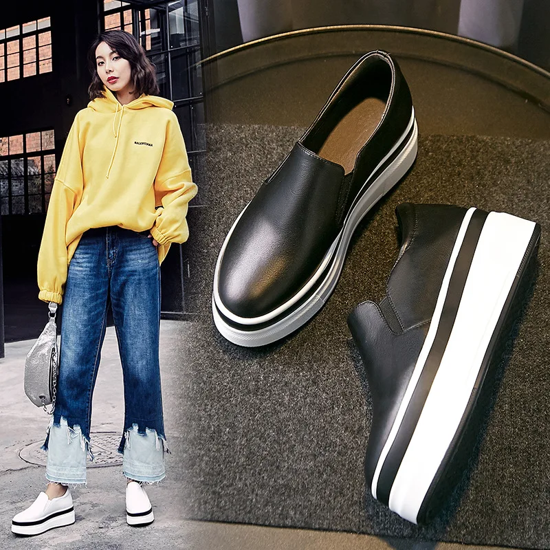 

2019 Spring New Style Genuine Leather round-Toe Thick Bottomed WOMEN'S Casual Shoes Slip-on Platform Shoes White Shoes