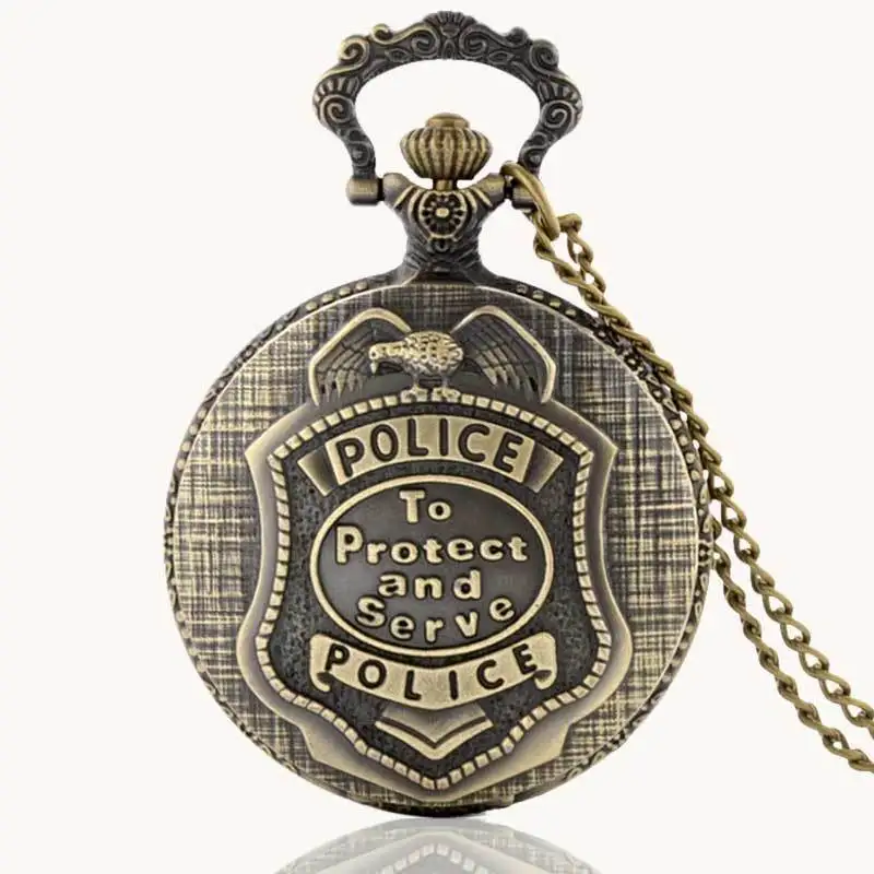 IBEINA Police Theme Full Hunter Quartz Engraved Fob Retro Pendant Pocket Watch Chain Gift