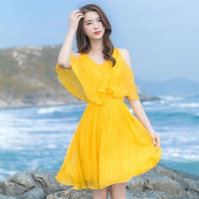 

High Quality 100% Silk Summer Dress 2021 Mini Beach Dress Female Yellow Dresses for Women Casual Vestido De Mujer Pph4086