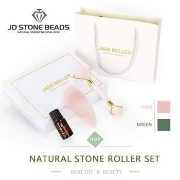 

1 Set Jade Facial Roller With Essential Oil Natural Stone Massage Tool Gua Sha SPA Therapy Scraping Board Antistress Body Gift