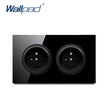 

Wallpad Dual EU French Wall Power Socket Crystal Tempered Pure Black Glass Panel Outlet Grounded 146*86mm