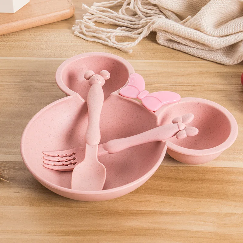 Natural Wheat Straw Bowl Baby Fork Food Bowl Kids Cartoon Toddler Children Spoon Dinner Plate Set Training Tableware Feeding