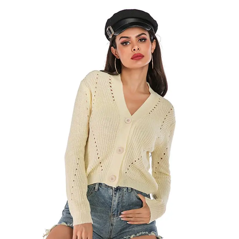 

2020 Women Spring Autumn Sweater And Cardigans Low V-neck Knit Tops Long Sleeve Hollow Out Sexy Cardigan Loose White Tops Sueter