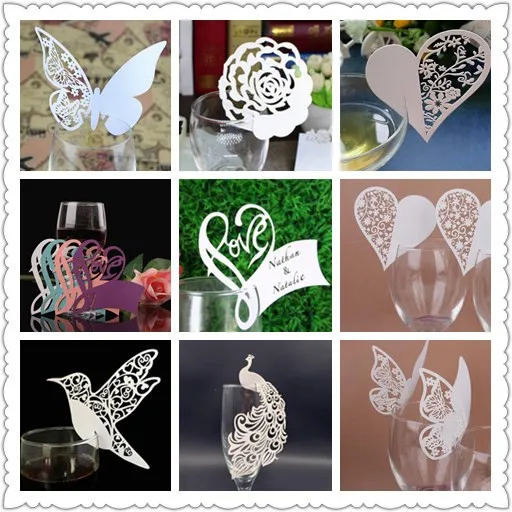50pcs Butterfly/Heart/love/bird/Butterfly/peacock/ Laser Cut Wine Glass Table Name Place Cards deco Wedding Birthday Christmas