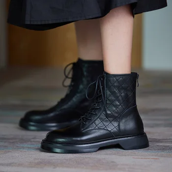 

Royesic Genuine leather Martin boots women's platform ankle boots British style side lace round toe flat ankle boots women