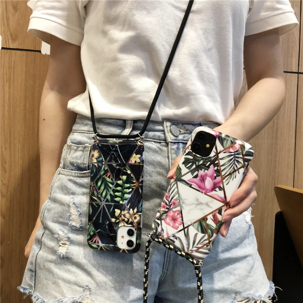 plated geometric flower and leaf cover for iPhone 11 X Xs max XR 7 8 6 6s se2020 case With Crossbody Lanyard Neck Strap Rope |