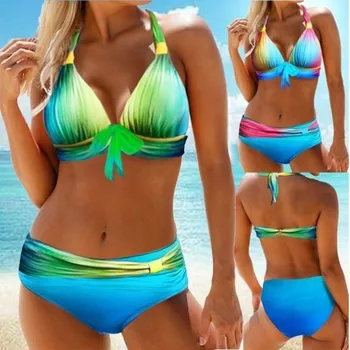 

2020 Halter Swimwear Women Gradient Blue Swimsuit Plus Size 2XL Tankini Lower Waist Bottom 2Pcs Bikini Set Cutout Back Beachwear