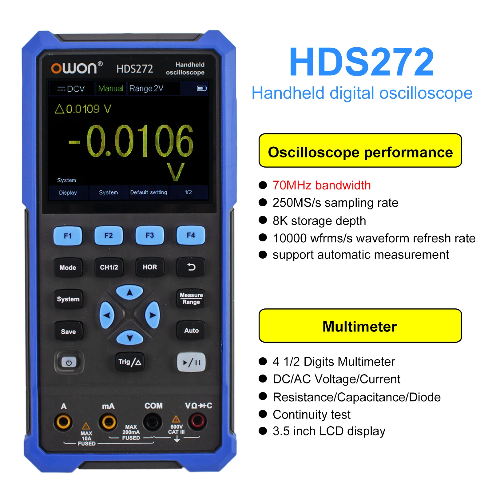 OWON HDS242 /HDS272/ HDS242S / HDS272S Handheld Digital Oscilloscope 2 Channels 70MHz Bandwidth Digital True-RMS Multimeter