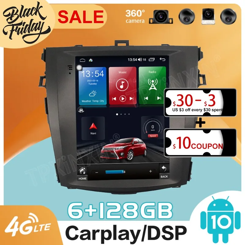 128GB Android 10.0 Tesla Style for TOYOTA Carolla 2006 - 2012 Carplay GPS Car Navigation Multimedia Video Player Stereo Radio | Автомобили