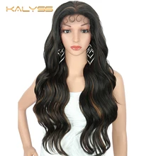 Kalyss 28 дюймов синтетический Синтетические волосы на кружеве парики с детскими волосами Кудрявые Волнистые Выделите эффектом деграде(переход от темного к блондинка шнурка волосы парик для Для женщин