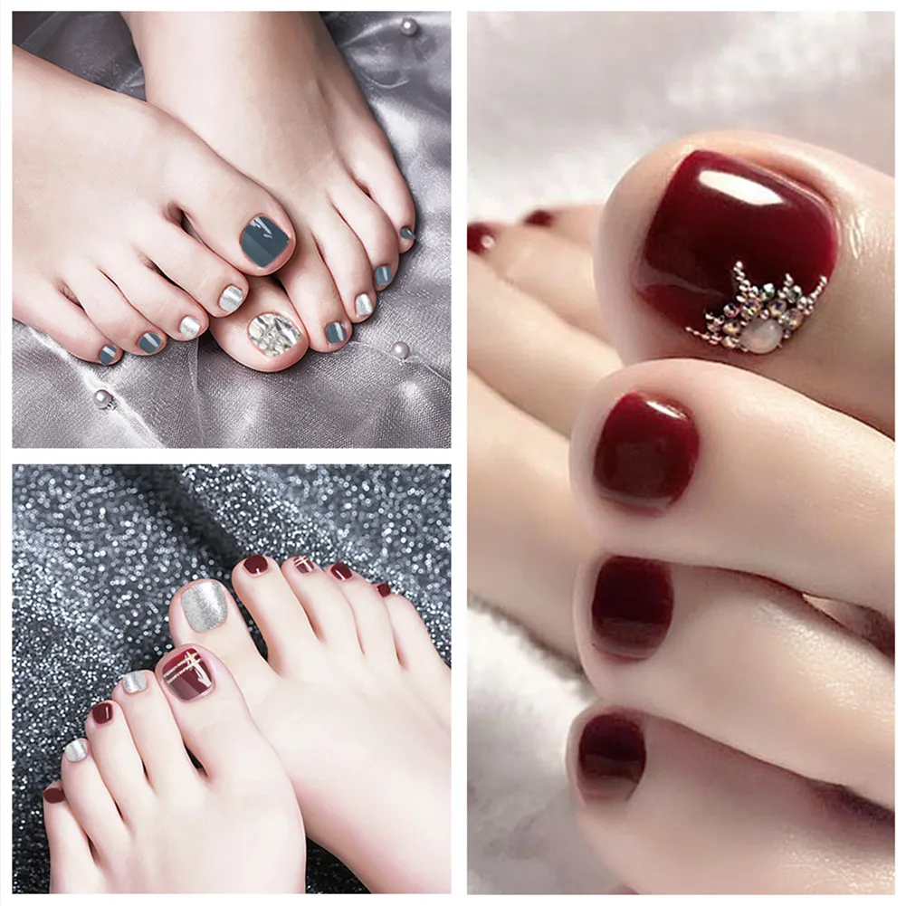 

24 Pcs/Box False Toenail Tips Press On Fake Nails Artificial Acrylic Toenail Rhinestone Decoration Nail Tips With Glue
