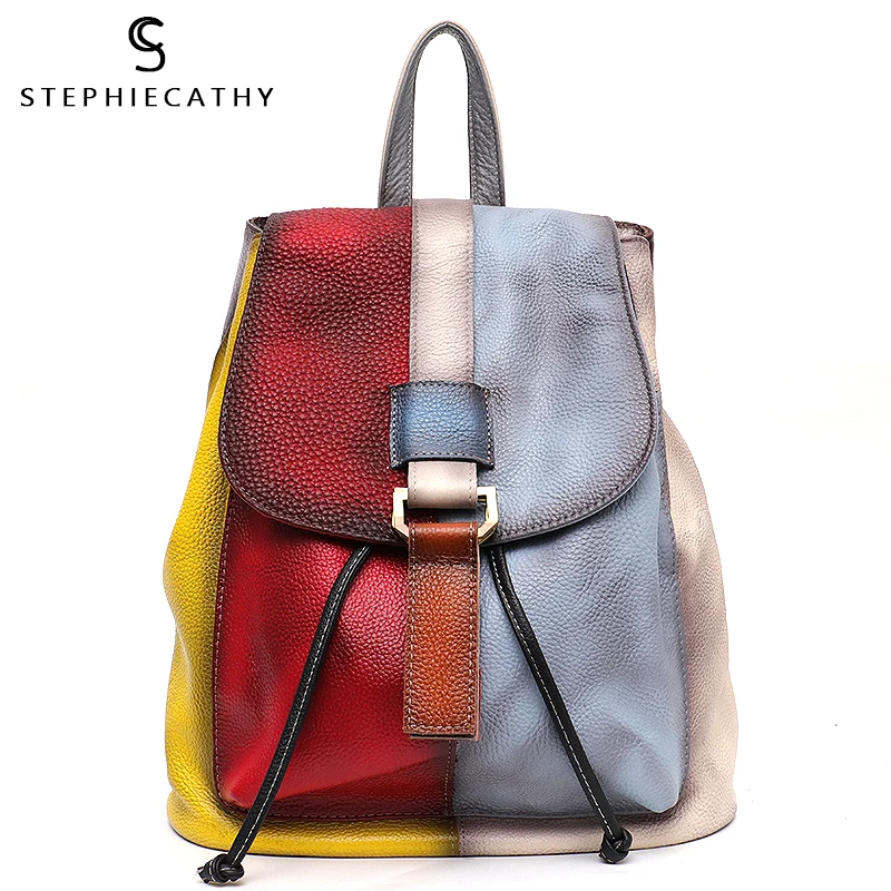 

SC Vinatge Genuine Leather Backpack Women Random Color Leather Patchwork Shoulder Bag Girls Large Flap School Bag Femal knapsack