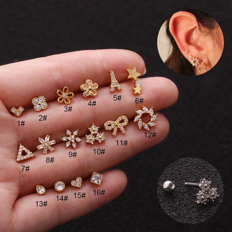 1PC 18G Tower Heart Flower Star Stainless Steel Barbell Piercing CZ Ear Tragus Cartilage Helix Snug Piercing Stud