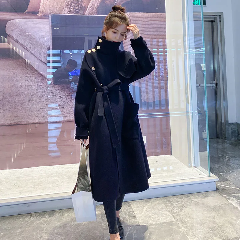 

Photo Shoot Black And White with Pattern Woolen Overcoat Women's Long over-the-Knee 2020 Lace-up Woolen Jacket plus Thick Cotton