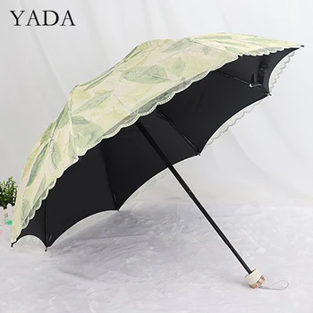 

YADA 2020 Ins Lace Leaves Pattern Double Umbrellas Rain UV Three Folding Umbrella For Women Windproof Umbrellas Female YS200203