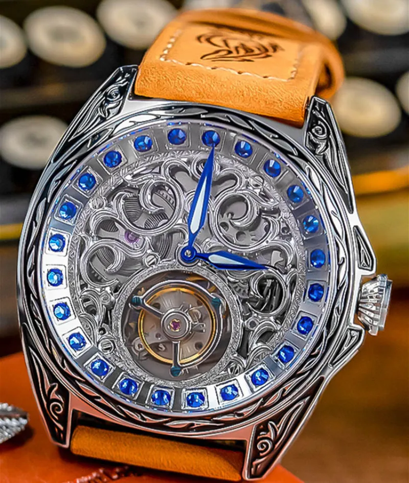 Модные механические часы с большим циферблатом, полностью автоматические турбийон, мужские часы с кристаллами и бриллиантами, антикварные мужские часы со скелетом, светящаяся указка