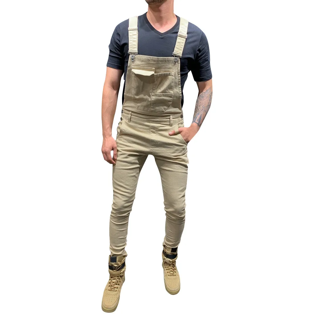 Mens Pocket Jeans Overall Jumpsuit Streetwear Overall Suspender Brim Bolso Geral Streetwear Gerais Suspende Pants