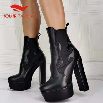 

JOUIR TALONS Sexy Party High Heels shoes women High Quality Platform Thick Heels Slip-On Patchwork Ankel Booties