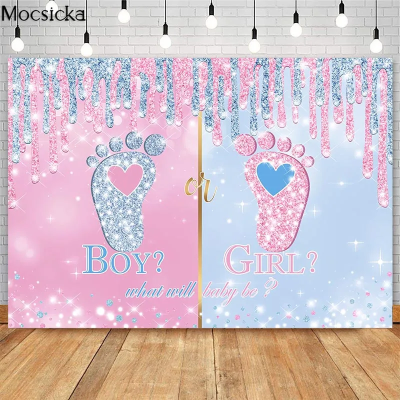 

Mocsicka Little Feet Boy or Girl Gender Reveal Backdrop Pink or Blue Baby Footprint Gender Reveal Decor Photography Background