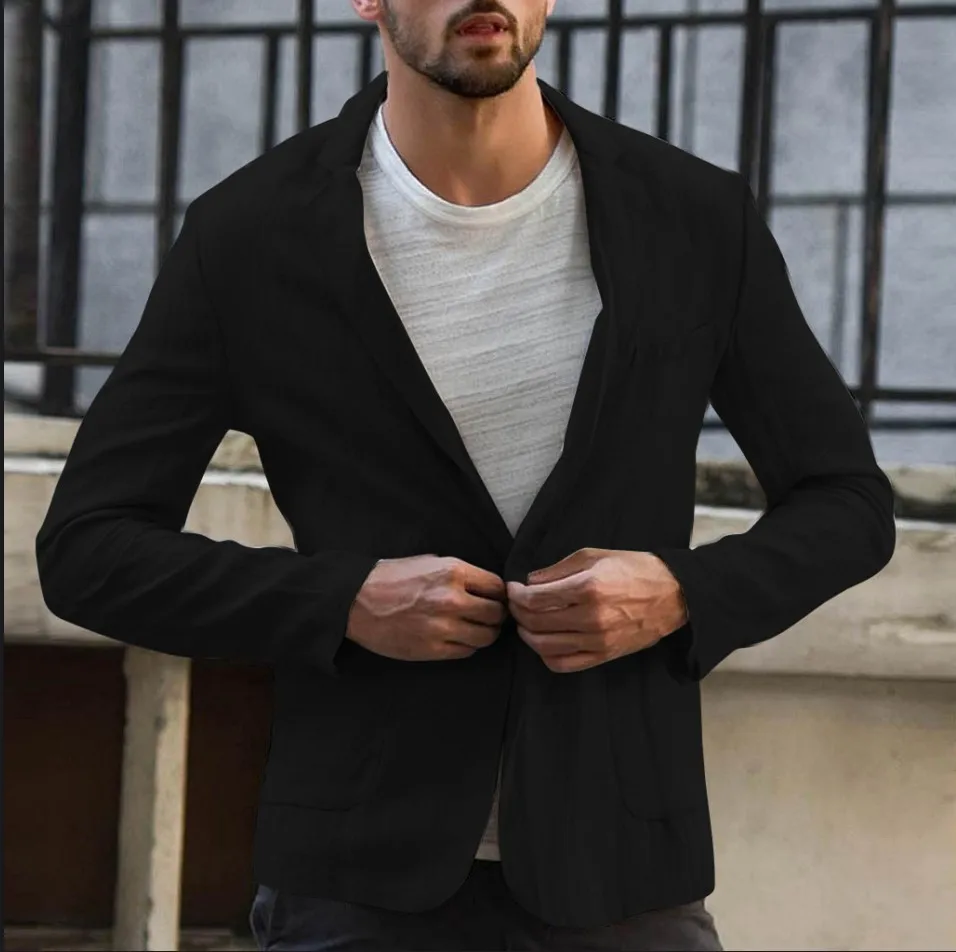 HEFLASHOr Hot MEN Slim Fit Linen Blend Blazers Business Suits Solid Color Dress Suit Long Sleeve Blazer Jacket | Мужская одежда