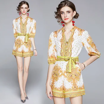 

Banulin Runway Two Peice Set for Women V-Neck Button Down Floral Blouse Tops and Wide Leg Belt Mini Shorts Set Two Piece Outfits