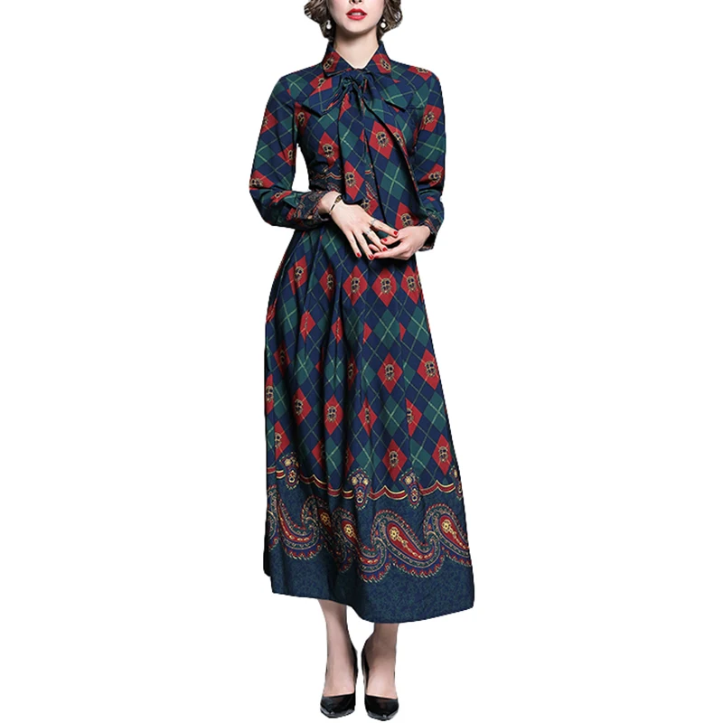 

PERHAPS U women turn down collar rhombus plaid print sash long sleeve maxi a-line dress autumn England style D1913