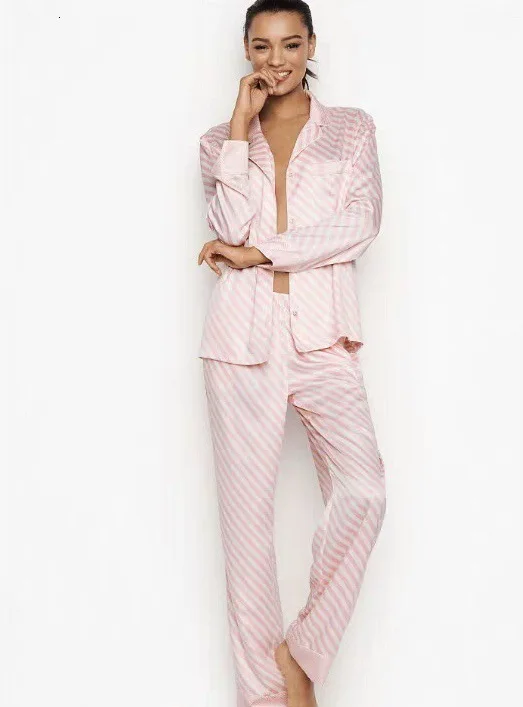 Осень, Новая розовая полосатая благородная сексуальная пижама, комплект-двойка, шелковая пижама с длинным рукавом