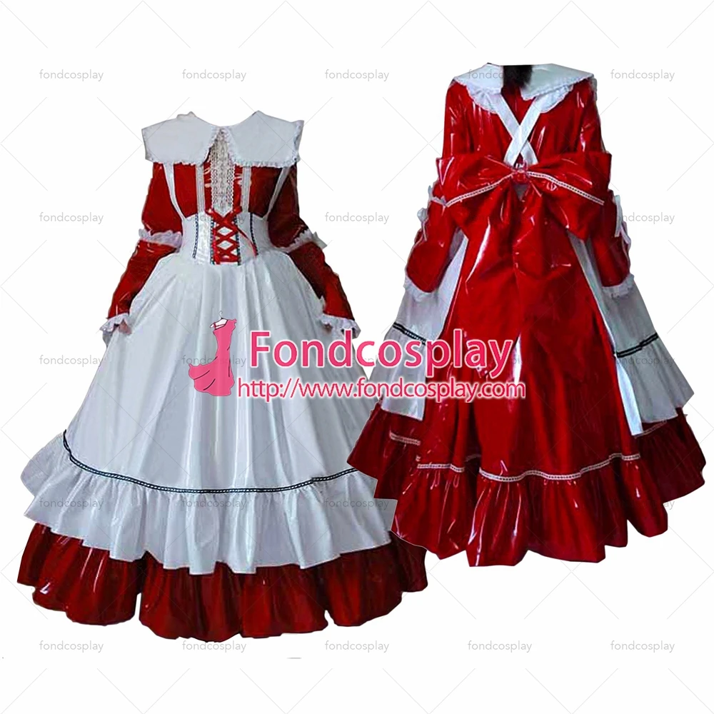 fondcosplay adult sexy cross dressing sissy maid long lockable red thin PVC Dress vinyl white apron Uniform Tailor-Made[G1634] |