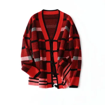 

England Style Plaid Kimono Cardigan Sweater Women 100% Cashmere High Quality V-Neck Winter Autumn Warm Vintage Sweater