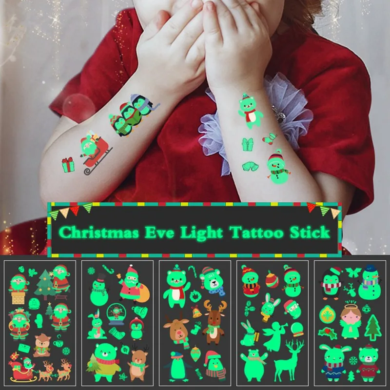 2 шт., экологичные наклейки на Рождество с олененком, детские светящиеся наклейки на тату, вечерние наклейки на тату