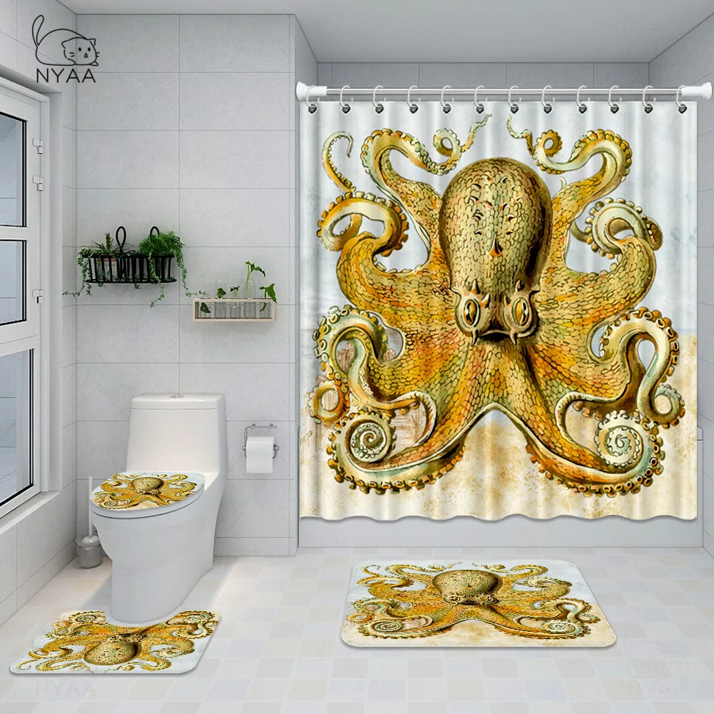 Trendy Aqua Navy Red Octopus Shower Curtain Set Beautiful Deep Sea Bath Curtains For Bathroom Bat Mats Rugs Home Decor | Дом и сад
