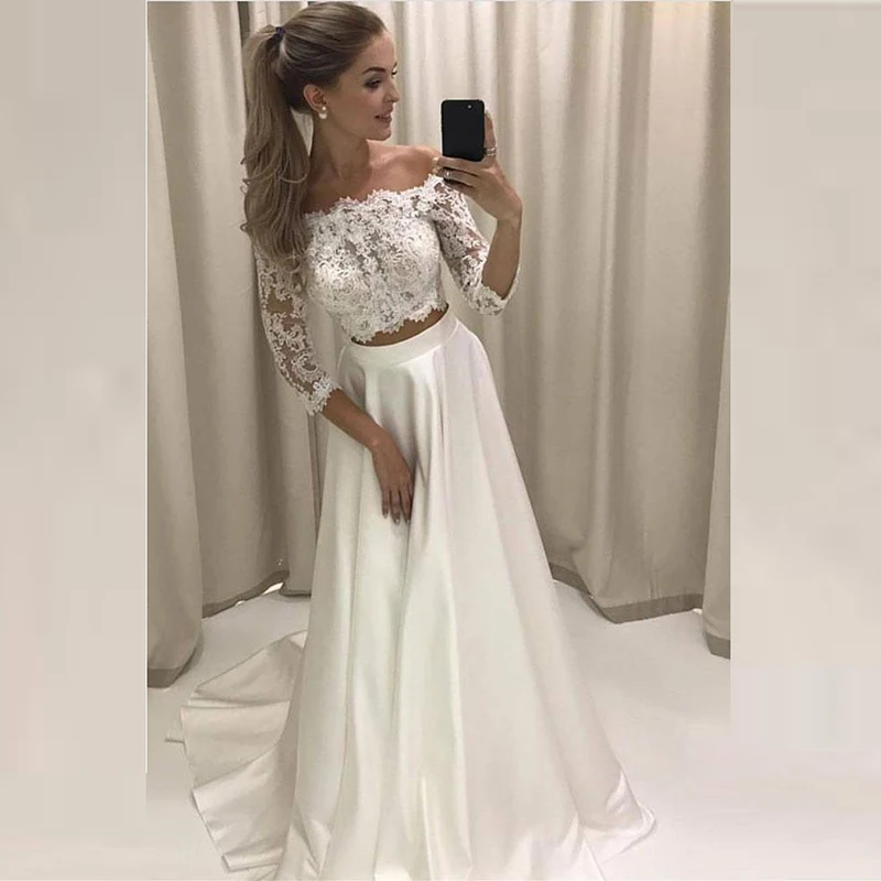 

Stunning Delicate White Lace Two Pieces Mother of the Bride Dresses Off Shoulder 3/4 Sleeves Bateau Neck Wedding Party Gowns