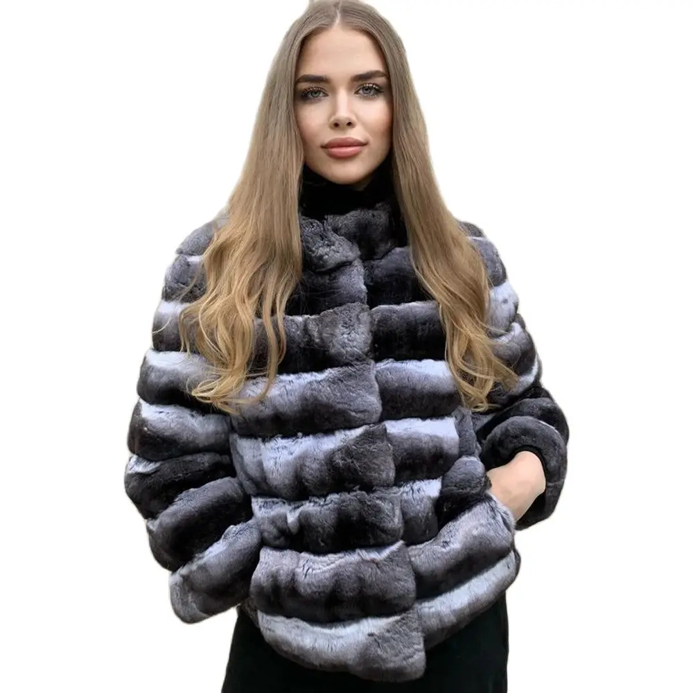 Fashion Short Natural Rex Rabbit Fur Jacket Stand Collar Women Casual Whole skin Genuine Rex Rabbit Fur Coats Chinchilla Color