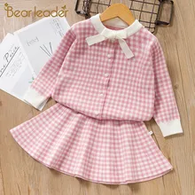 Bear Leader/комплект одежды для девочек, новая весенняя детская одежда для девочек милая детская одежда в клетку хлопковый костюм с галстуком-бабочкой мягкие детские комплекты из 2 предметов