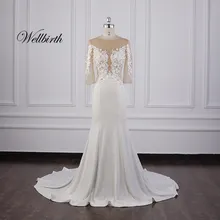 Реальное изображение Wellbirth Vestido de novia v-образный вырез zippber сзади Русалка свадебное платье Половина рукава Свадебное платье jc037