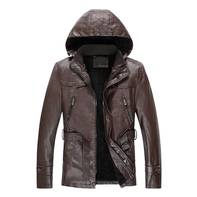

Winter men's plus velvet leather jacket long men's jacket hooded warm motorcycle clothing PU leather jacket