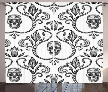 

Gothic Curtains Ornament with Skull Goth Skeleton Floral Design in Baroque Style Illustration Living Room Bedroom Window Curtain