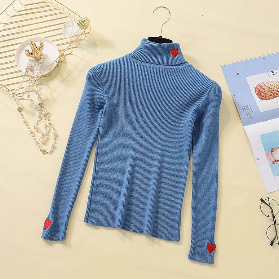 Autumn Winter Love Embroidery Pullover Sweaters Women Solid Warm Turtleneck Knitted Sweater Female Korean Long Sleeve Base Top
