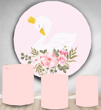 

Circle panel photography backdrop pink white swan princess birthday party banner round background dessert cake table poster