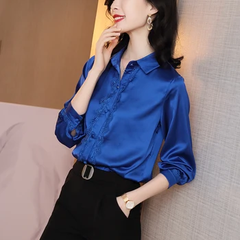 

COIGARSAM Patchwork Shirt Womens tops New Spring Lace Full Sleeve Women shirts Blue 9815