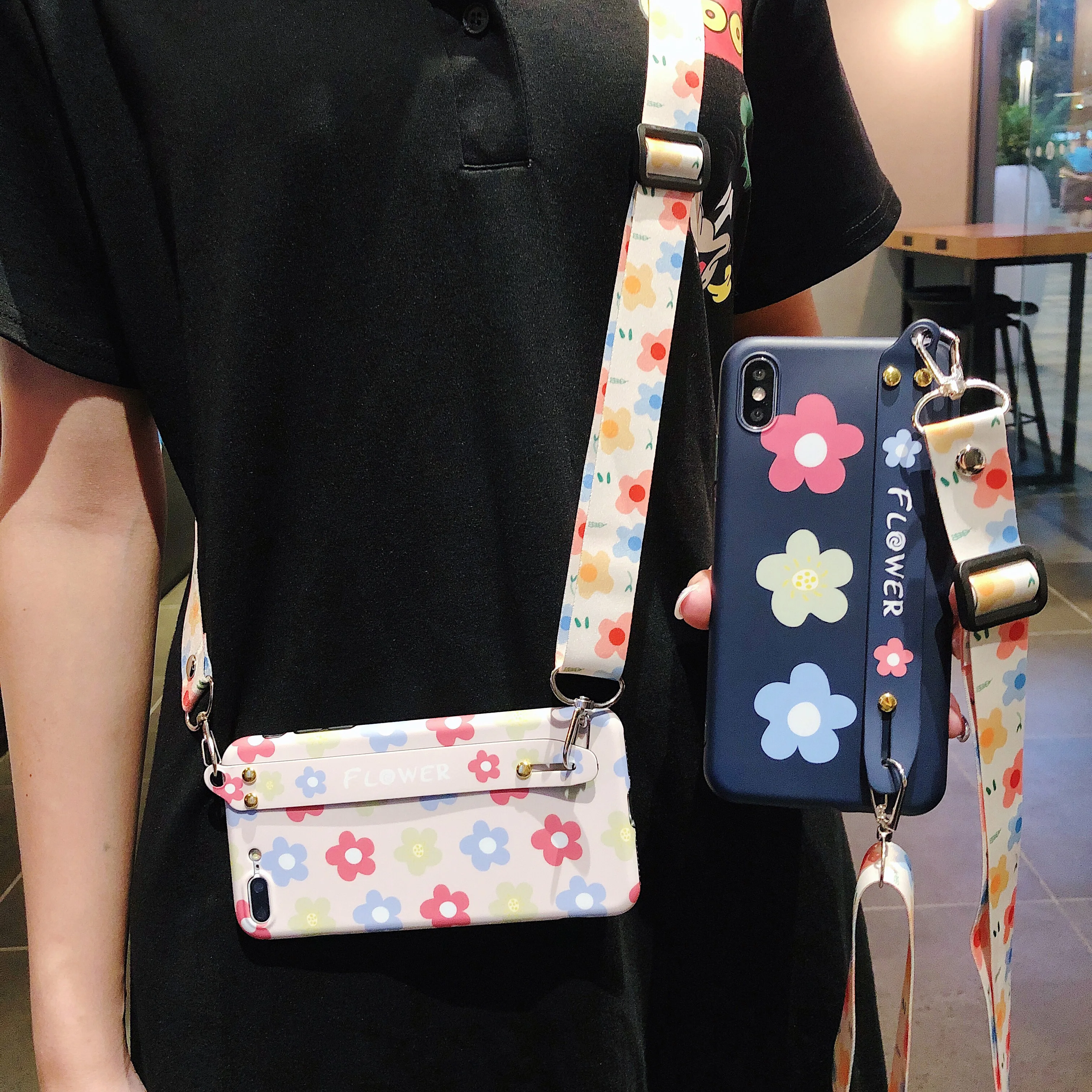 

flower strap tpu case for iphone 8 7 XR X XS MAX 6 6S plus case cover wristband holder shoulder lanyard soft silicon phone bag