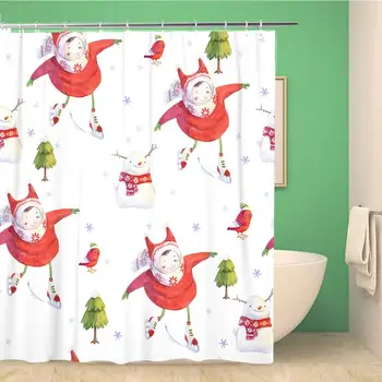 

60x72 Inches Shower Curtain Watercolor Skates Little Girl in Red Coat Winter Texture with Cute Character Snowman Waterproof