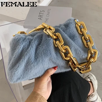 

Trendy Wrinkled Cloud Bag For Women Luxury Metal Chain Underarm Purse Fashion Plush Soft Leather Armpit Handbag Solid Colour Bag