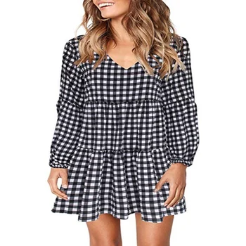 

Women's Spring Summer Fashion V-neck Plaid Dress Puff Sleeve Simple Plaid Long Sleeve Casual Dress Party Vestidos