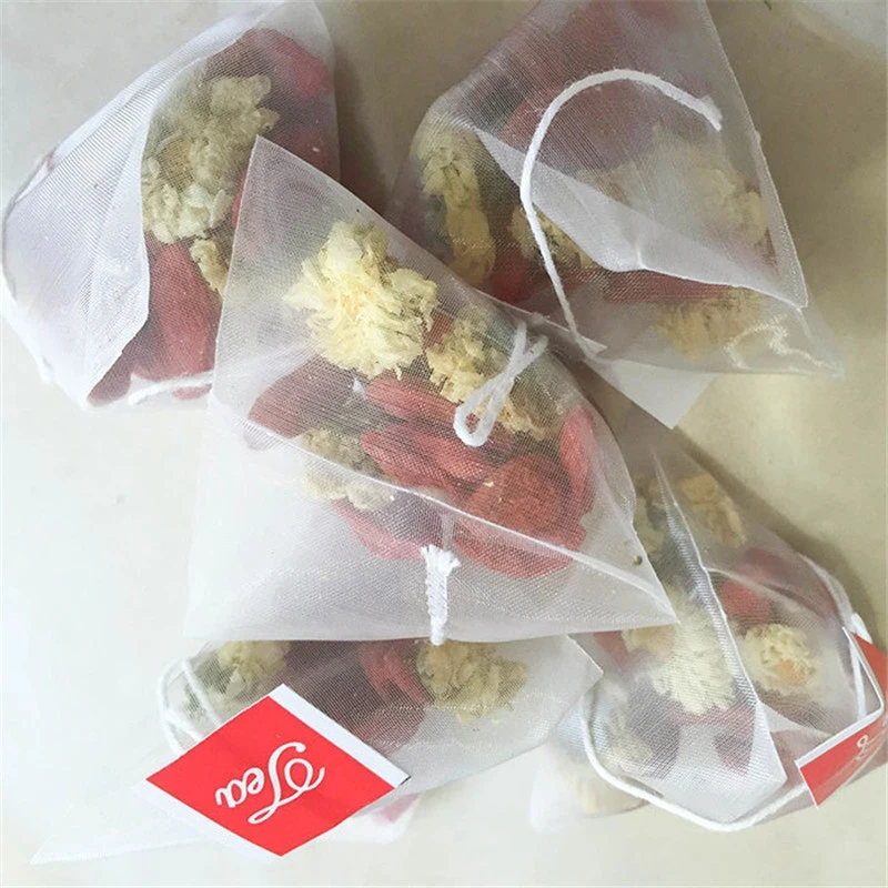 Качество 1000Pcs5. 5X7 см Пирамида чайный пакетик фильтр нейлоновый пакетик для чая однострунная этикетка Прозрачный Пустой чайный пакетик