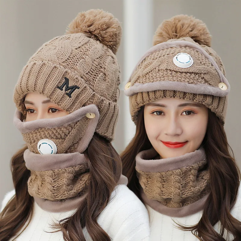 

2020 New Girl Wool Knitted Hat Woman Hat Sets For Female Windproof Winter Outdoor Knit Warm Thick Siamese Scarf Warm Hat